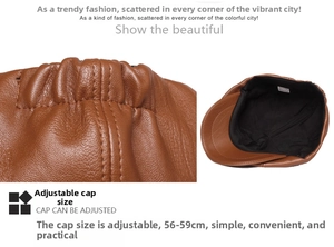 Detail of brown leather beret cap showing black fabric lining and adjustable elastic back