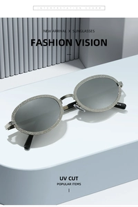 Detail view of oval silver metal frame sunglasses with UV protection lenses and 0136 model code