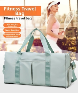 Detail of mint green yoga bag featuring wet-dry separation and a dedicated shoe compartment