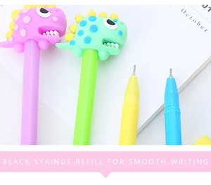 Close-up of cute cartoon dinosaur gel pens with smooth black ink syringe tips