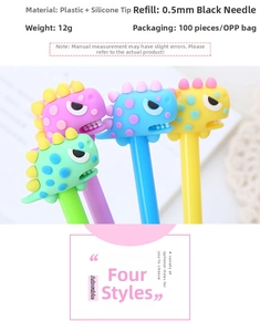 Detail of cartoon dinosaur pens in four colors with soft silicone tops and 0.5mm tips