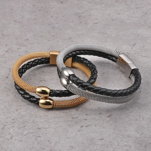 Double-layered braided leather bracelets with stainless steel magnetic clasps in gold and silver