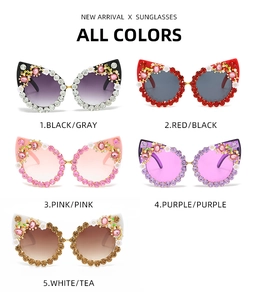 Detail view of rhinestone cat eye sunglasses with 3D floral accents in five various colors