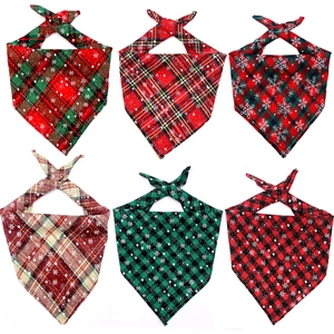 Set of six Christmas plaid dog bandanas featuring snowflakes in various classic colors