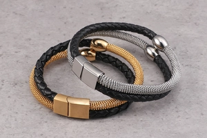Detail of double-layer woven leather bracelets with magnetic stainless steel clasps