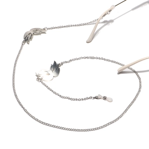 Detailed silver eyeglass chain with intricate angel wings and anti-slip silicone loops