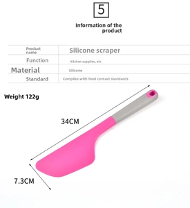 Detailed size specifications for a 34cm long rose pink and gray food-grade silicone spatula