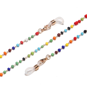 Handmade colorful beaded eyeglass chain with multi-color beads and gold links for glasses