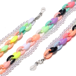 Colorful acrylic and pearl double-layer eyeglass chain with lobster clasps on white background