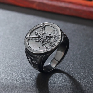 Men's black stainless steel ring with vintage Saint Michael archangel relief carving