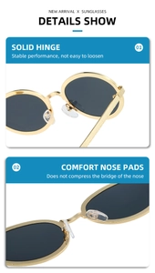 Detailed view of the solid metal hinge and comfortable soft nose pads on gold sunglasses