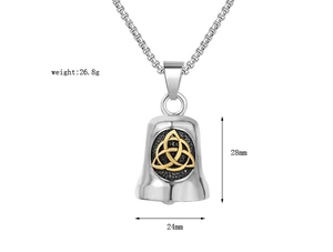 Detail view of silver bell pendant with golden Celtic Triquetra and dimension specs