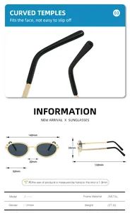 Detailed sizing chart and technical specifications for oval metal frame sunglasses