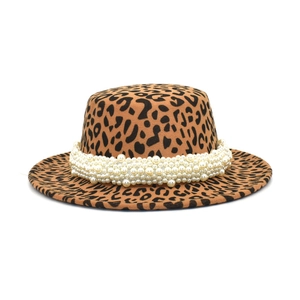Flat top leopard print wool jazz hat with pearl trim for women winter fashion accessory