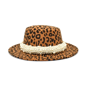 Classic leopard print flat top wool jazz hat with elegant pearl woven band for women