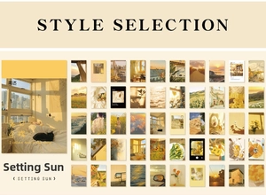 Detailed spread of 50 warm-toned sunset themed decorative paper cards for DIY journaling