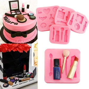 Pink silicone mold detail showing cosmetic shapes like lipstick and brush for DIY cake decorating