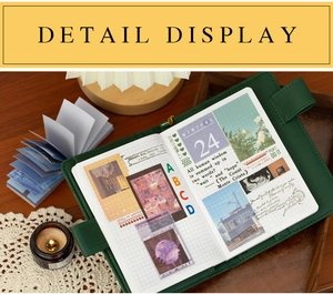 Detail display of vintage DIY scrapbook materials with retro stickers on green binder