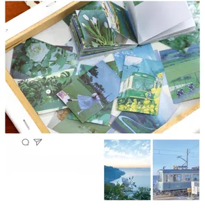 Close-up of vintage aesthetic photo cards featuring landscapes and floral art stickers