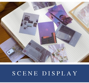 Detailed scene of purple vintage aesthetics DIY sticker set on grid notebook