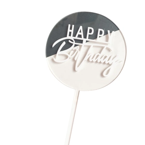 Modern double-layer round acrylic Happy Birthday cake topper in black and white finish