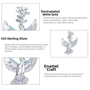 Macro detail of s925 silver peace dove charm with colorful enamel and leaf design