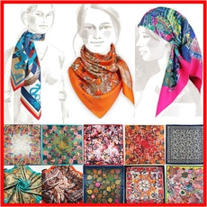 Detailed grid showing diverse patterns and styling ways for 90cm silk-feel square scarves