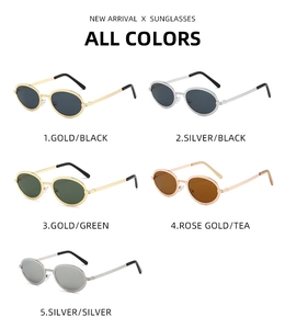 Detailed collection of oval metal sunglasses in gold, silver, and rose gold frames