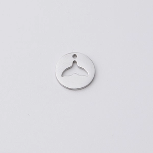 Mirror polished stainless steel round pendant with hollow mermaid tail cutout on white background