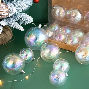 Rainbow transparent Christmas ball ornaments set on a festive tree background