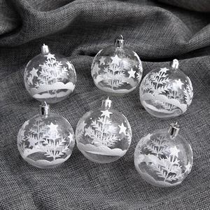 Set of 6 clear Christmas balls with white forest glitter patterns for tree decoration