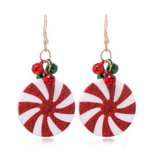 Cartoon Santa bell earrings with red and white peppermint swirls for Christmas