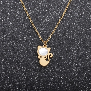 Cat Pendant Necklace Stainless Steel Copper With Large Round Crystal Polished Cute Animal Jewelry For Women
