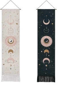 Bohemian moon phase tapestry with fringe tassels featuring celestial stars and planets