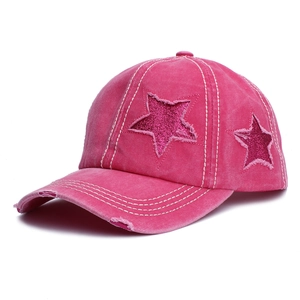 Distressed hot pink baseball cap with sequin stars and white contrast stitching