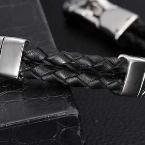 Men's punk double-braided black leather bracelet with polished stainless steel clasp