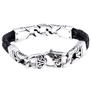 Men's punk braided leather bracelet with vintage totem stainless steel clasp