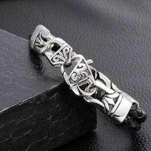 Men's punk stainless steel totem leather bracelet in vintage silver and black finish