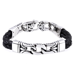 Men Braided Leather Bracelet Stainless Steel Totem Carved Punk Gothic Vintage Jewelry