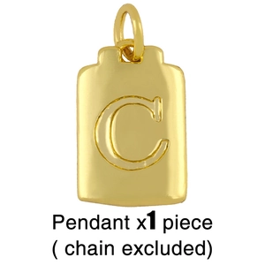 Detail of gold rectangle pendant featuring an embossed letter C and smooth polished finish