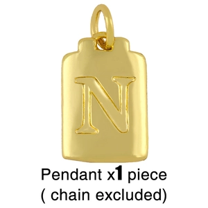 Detailed view of gold plated rectangle pendant featuring embossed letter N charm