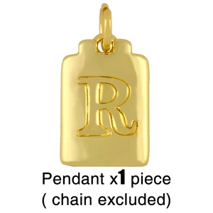 Detailed macro view of 18K gold-plated rectangle pendant with embossed letter R design