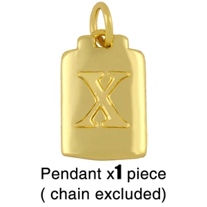 Detail of gold Cuban rectangle pendant with embossed letter X and polished finish
