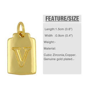 Detail view of gold letter V pendant with cubic zirconia and exact product dimensions