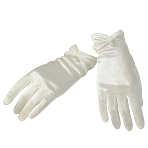 Elegant white satin bridal gloves with pearl embellishment and delicate wrist bow detail