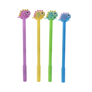 Set of four cute cartoon dinosaur gel pens in purple, yellow, green and blue colors