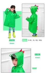 Detailed size chart for kids green dinosaur raincoat featuring hood and red buttons