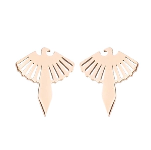 Close-up of rose gold hollow bird stud earrings featuring intricate wing cutout details