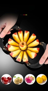 Detail showing hands using a 12-blade stainless steel apple slicer with floral patterns