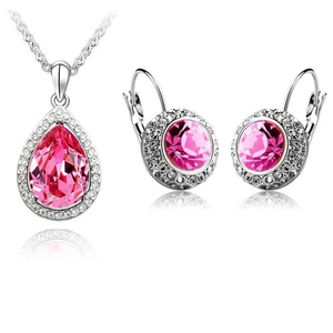 Elegant silver jewelry set with pink pear-cut crystals and sparkling rhinestones